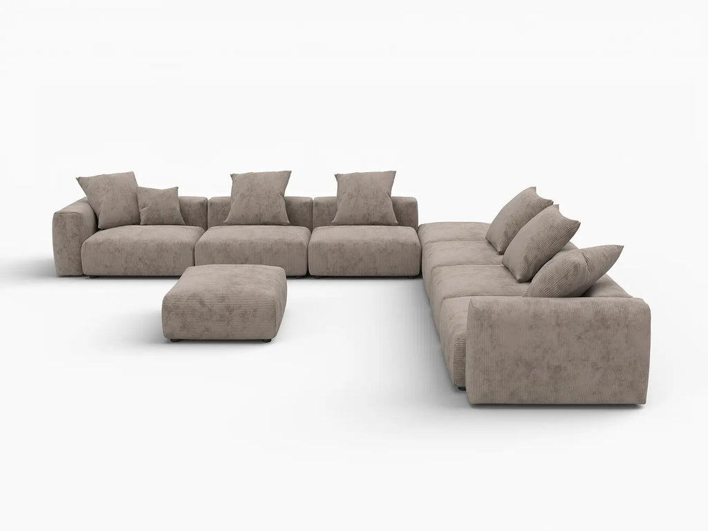 Matrix 6-Seater Brown Washable Sofa Set | 8-Piece (includes 2 Ottomans), Corduroy Fabric, Modular Design