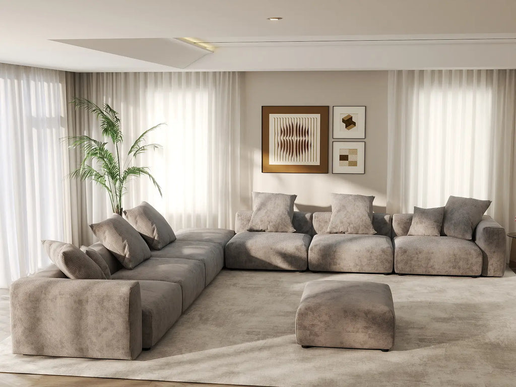 Matrix 6-Seater Brown Washable Sofa Set | 8-Piece (includes 2 Ottomans), Corduroy Fabric, Modular Design