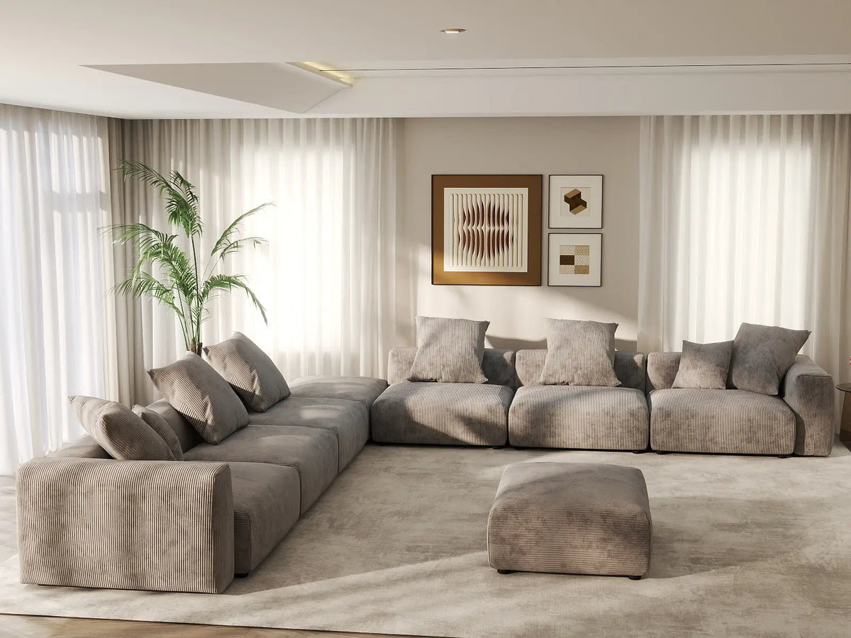 Matrix 6-Seater Brown Washable Sofa Set | 8-Piece (includes 2 Ottomans), Corduroy Fabric, Modular Design