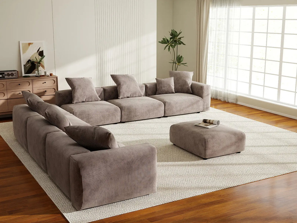 Matrix 6-Seater Brown Washable Sofa Set | 8-Piece (includes 2 Ottomans), Corduroy Fabric, Modular Design