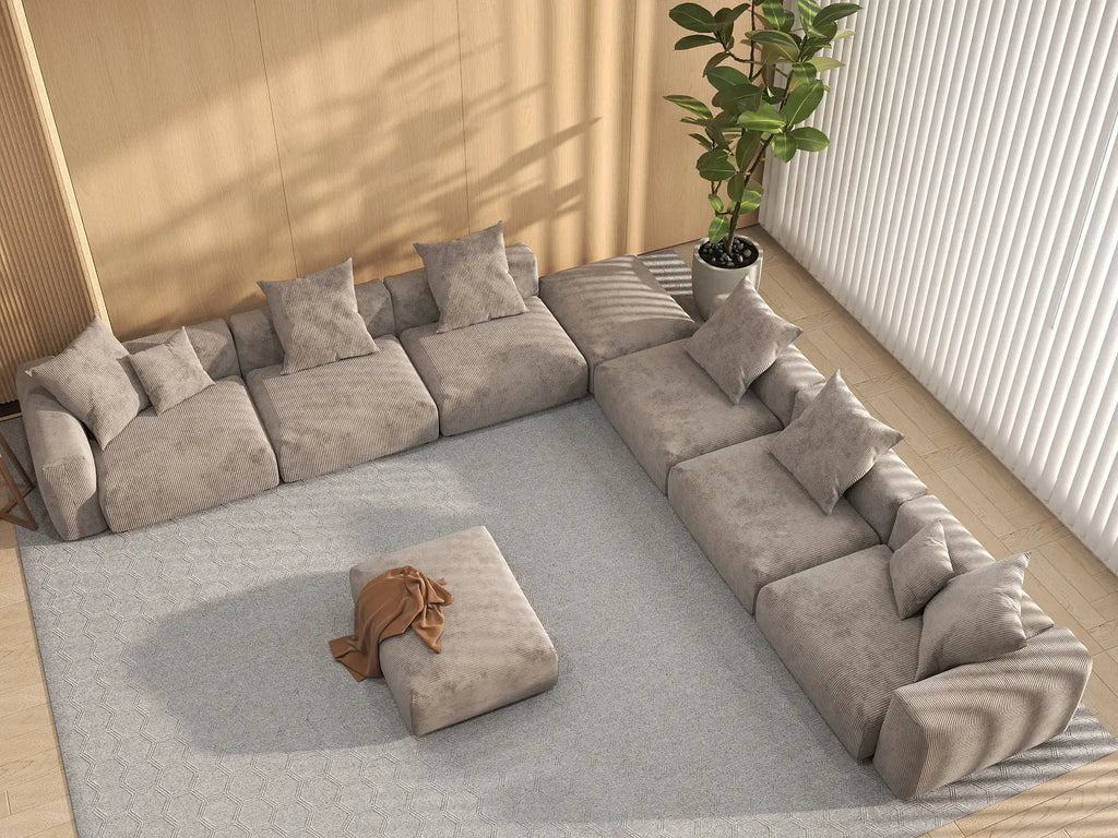 Matrix 6-Seater Brown Washable Sofa Set | 8-Piece (includes 2 Ottomans), Corduroy Fabric, Modular Design