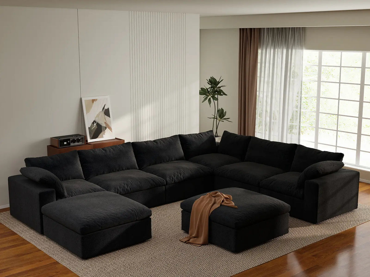 Deluxe Cloud 6-Seater Black Storage Sofa Set | 8-Piece (includes 2 Ottomans), Cotton and Linen Fabric, Washable Covers