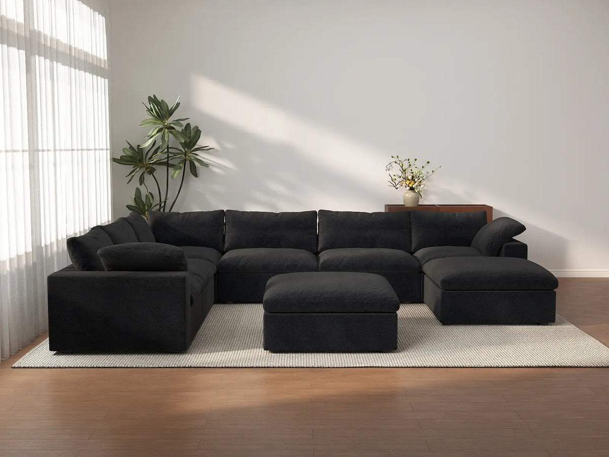 Deluxe Cloud 6-Seater Black Storage Sofa Set | 8-Piece (includes 2 Ottomans), Cotton and Linen Fabric, Washable Covers