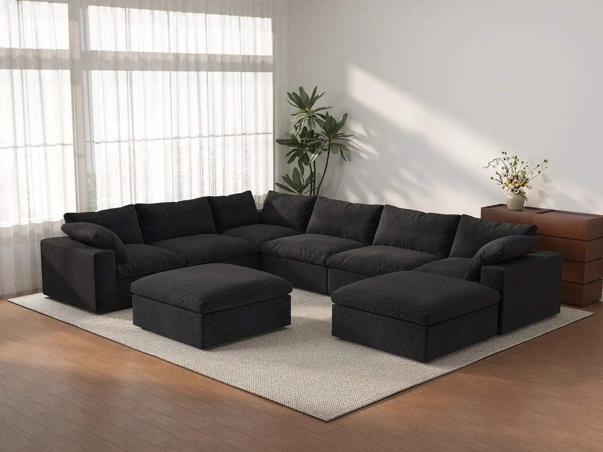 Deluxe Cloud 6-Seater Black Storage Sofa Set | 8-Piece (includes 2 Ottomans), Cotton and Linen Fabric, Washable Covers