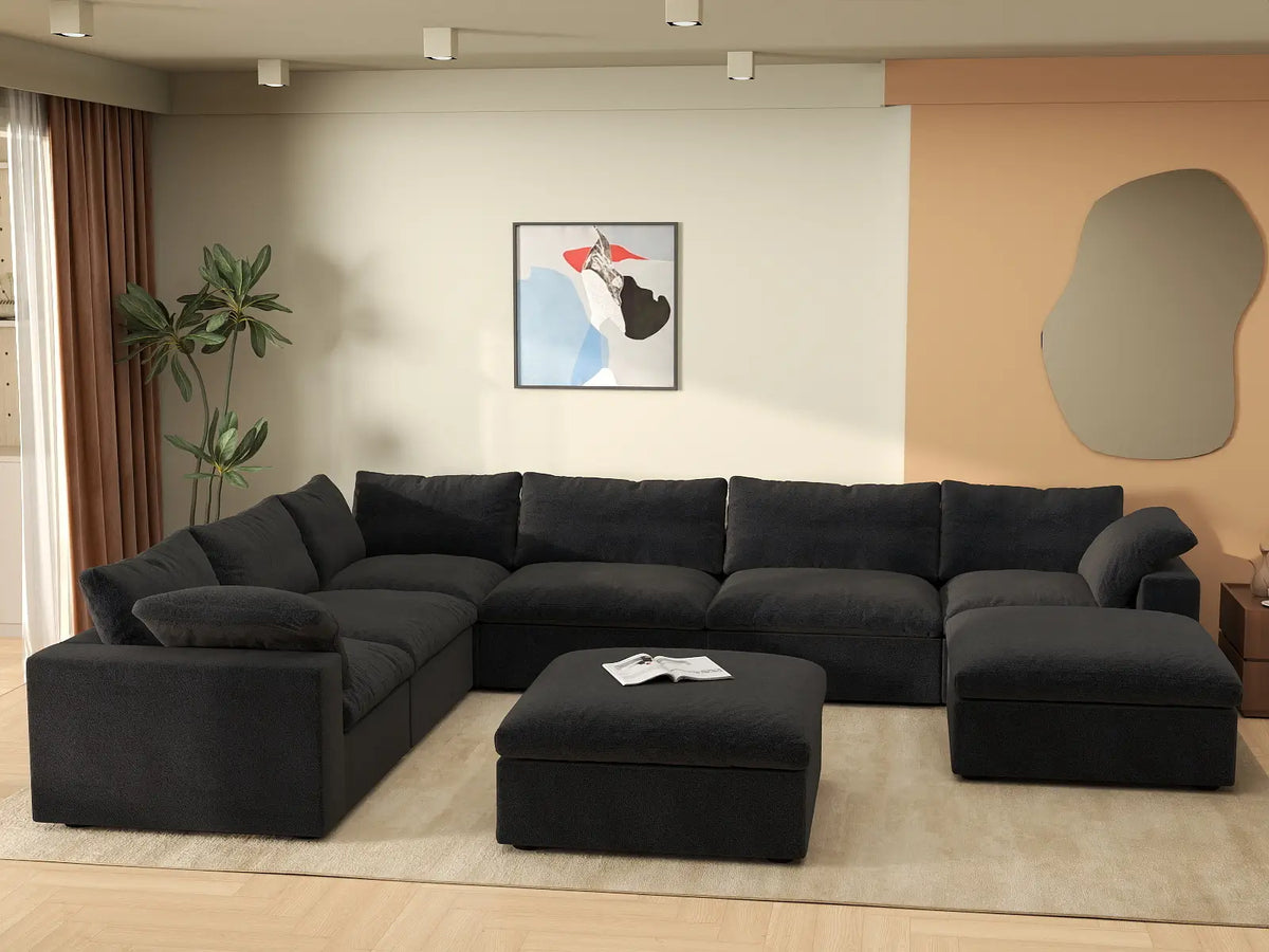 Deluxe Cloud 6-Seater Black Storage Sofa Set | 8-Piece (includes 2 Ottomans), Cotton and Linen Fabric, Washable Covers