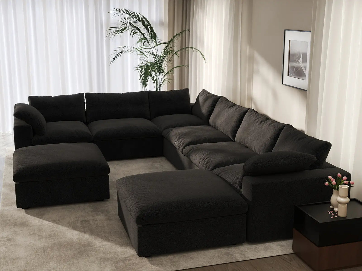 Deluxe Cloud 6-Seater Black Storage Sofa Set | 8-Piece (includes 2 Ottomans), Cotton and Linen Fabric, Washable Covers