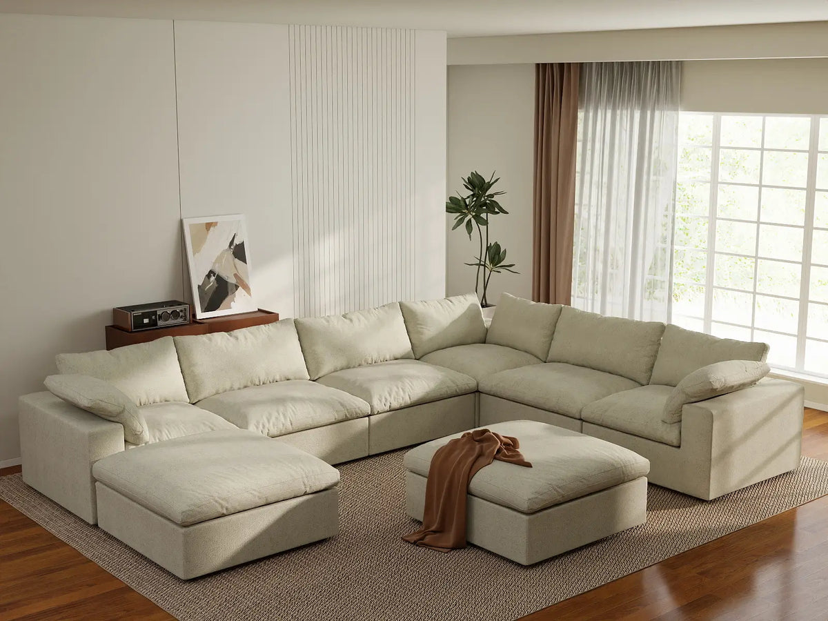 Deluxe Cloud 6-Seater Khaki Storage Sofa Set | 8-Piece (includes 2 Ottomans), Cotton and Linen Fabric, Washable Covers