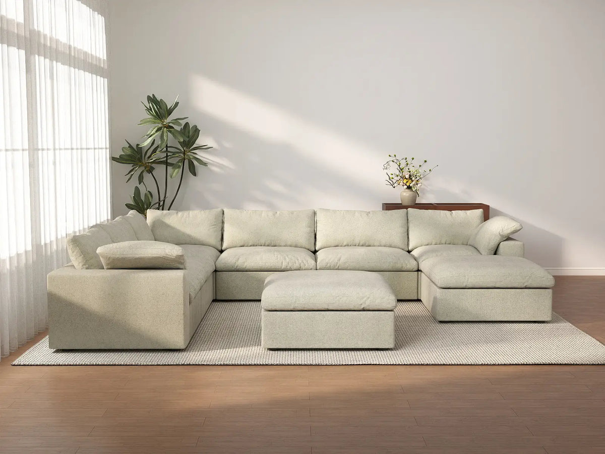 Deluxe Cloud 6-Seater Khaki Storage Sofa Set | 8-Piece (includes 2 Ottomans), Cotton and Linen Fabric, Washable Covers