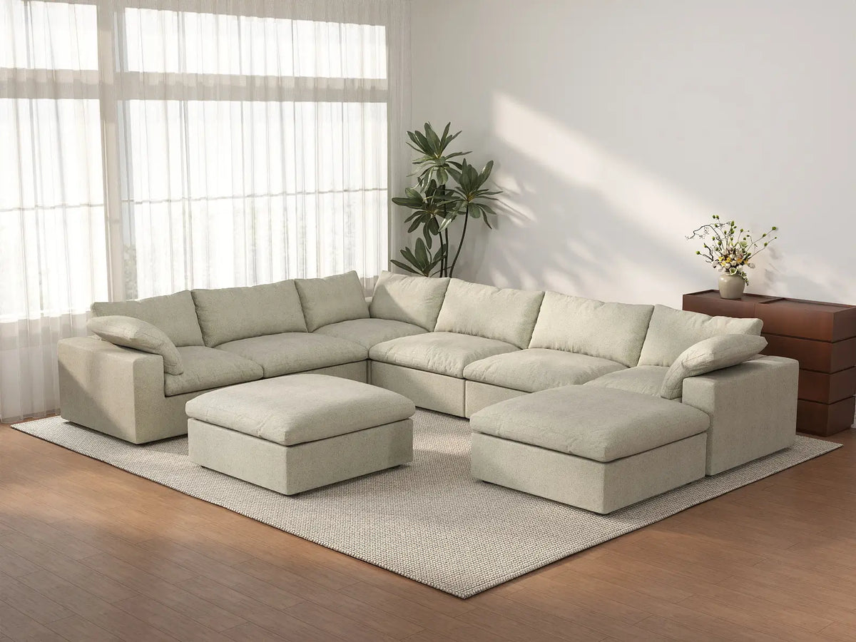 Deluxe Cloud 6-Seater Khaki Storage Sofa Set | 8-Piece (includes 2 Ottomans), Cotton and Linen Fabric, Washable Covers