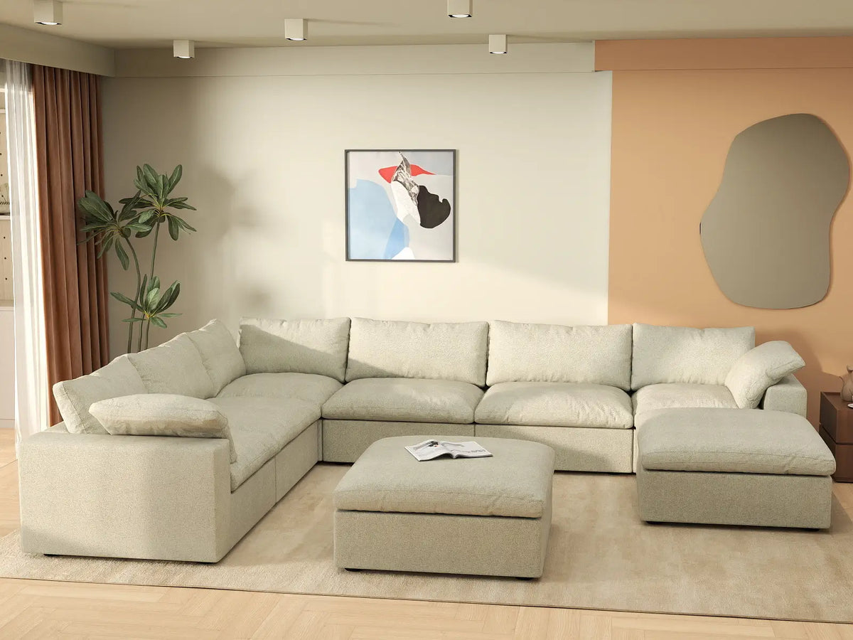 Deluxe Cloud 6-Seater Khaki Storage Sofa Set | 8-Piece (includes 2 Ottomans), Cotton and Linen Fabric, Washable Covers