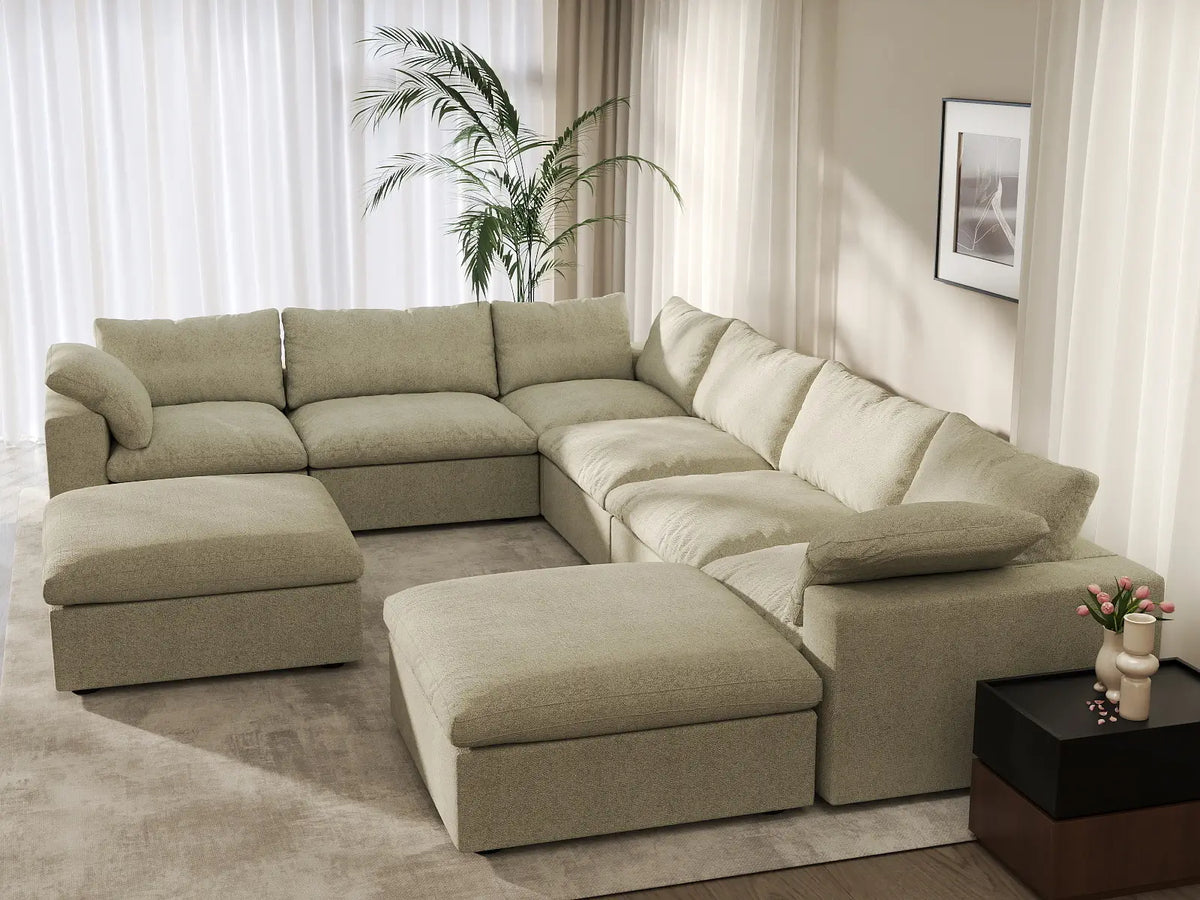 Deluxe Cloud 6-Seater Khaki Storage Sofa Set | 8-Piece (includes 2 Ottomans), Cotton and Linen Fabric, Washable Covers