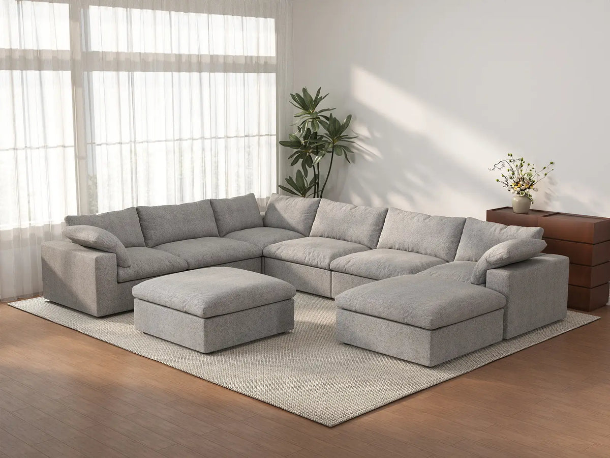 Deluxe Cloud 6-Seater Light-Grey Storage Sofa Set | 8-Piece (includes 2 Ottomans), Cotton and Linen Fabric, Washable Covers