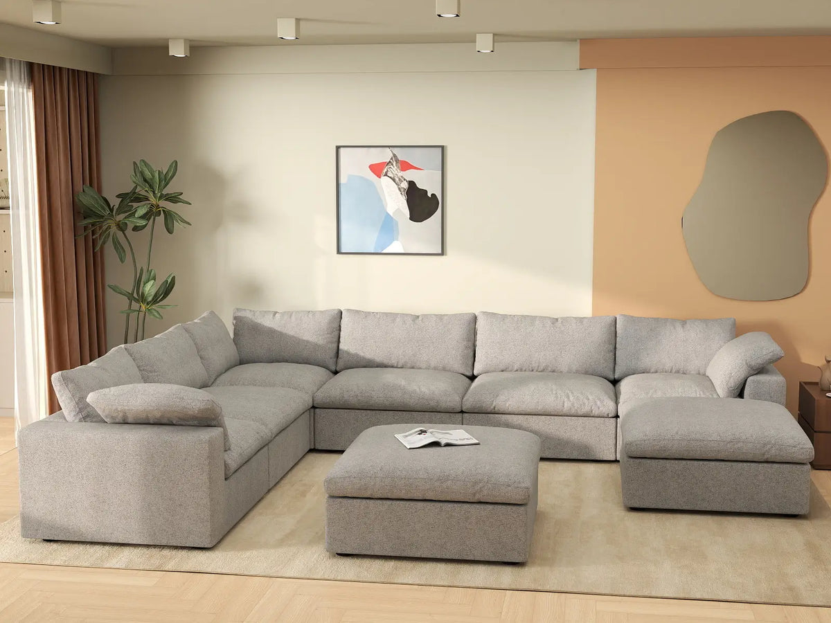 Deluxe Cloud 6-Seater Light-Grey Storage Sofa Set | 8-Piece (includes 2 Ottomans), Cotton and Linen Fabric, Washable Covers
