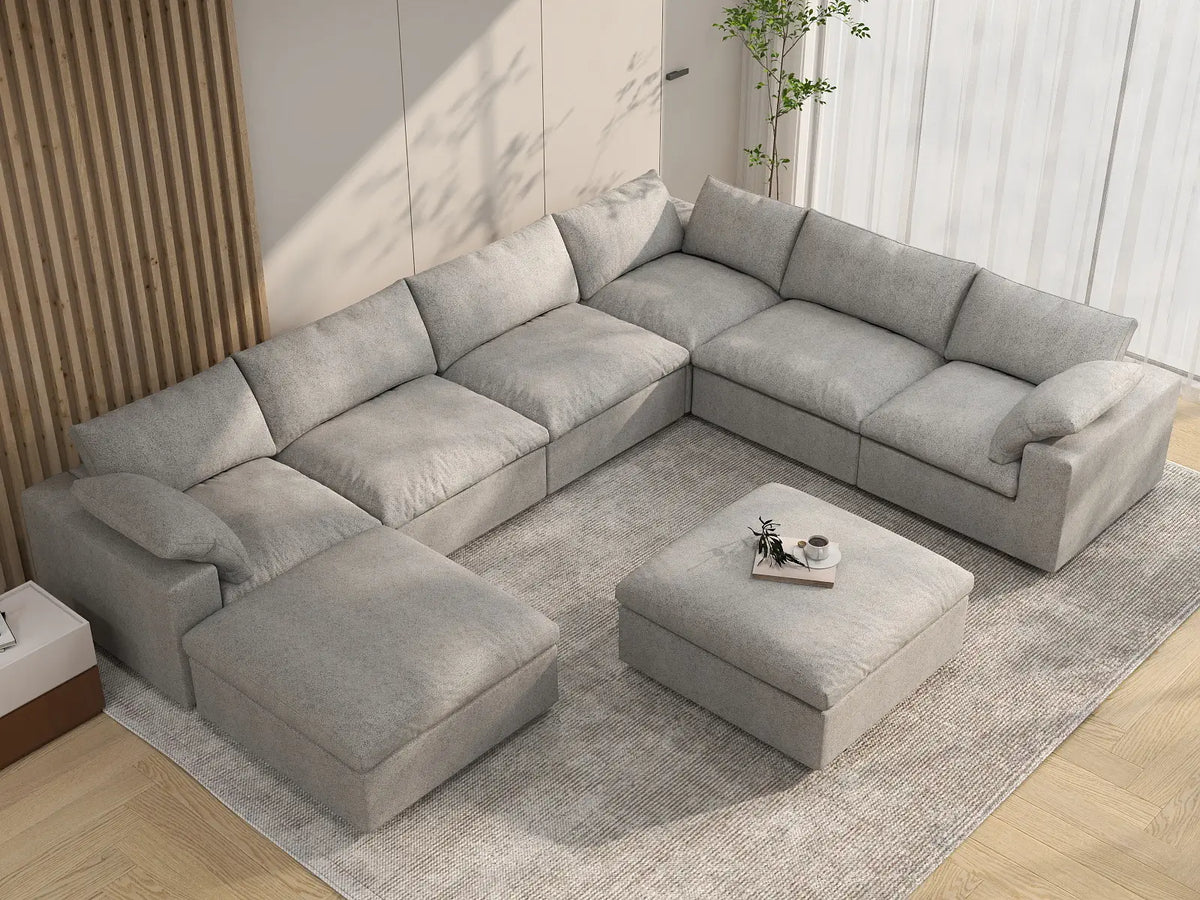 Deluxe Cloud 6-Seater Light-Grey Storage Sofa Set | 8-Piece (includes 2 Ottomans), Cotton and Linen Fabric, Washable Covers