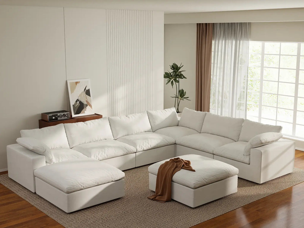 Deluxe Cloud 6-Seater White Storage Sofa Set | 8-Piece (includes 2 Ottomans), Cotton and Linen Fabric, Washable Covers