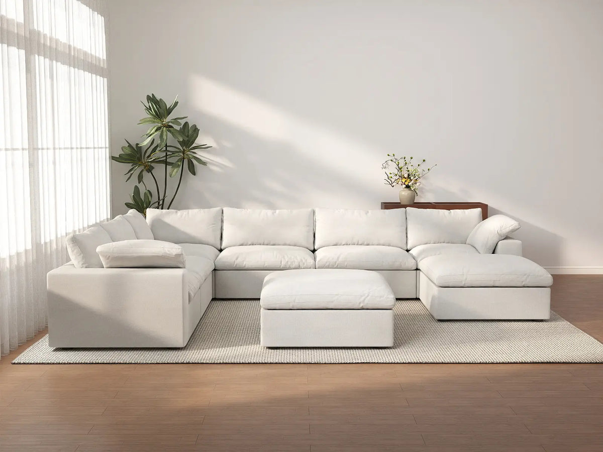 Deluxe Cloud 6-Seater White Storage Sofa Set | 8-Piece (includes 2 Ottomans), Cotton and Linen Fabric, Washable Covers