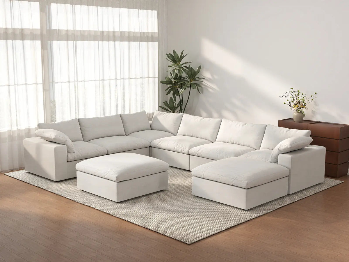 Deluxe Cloud 6-Seater White Storage Sofa Set | 8-Piece (includes 2 Ottomans), Cotton and Linen Fabric, Washable Covers