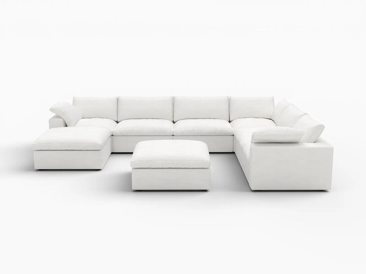 Deluxe Cloud 6-Seater White Storage Sofa Set | 8-Piece (includes 2 Ottomans), Cotton and Linen Fabric, Washable Covers