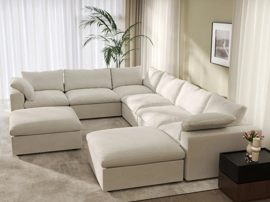 Deluxe Cloud 6-Seater White Storage Sofa Set | 8-Piece (includes 2 Ottomans), Cotton and Linen Fabric, Washable Covers