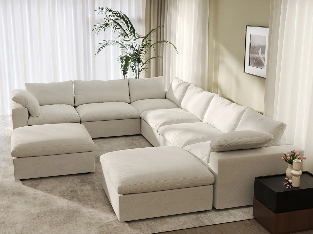 Deluxe Cloud 6-Seater White Storage Sofa Set | 8-Piece (includes 2 Ottomans), Cotton and Linen Fabric, Washable Covers