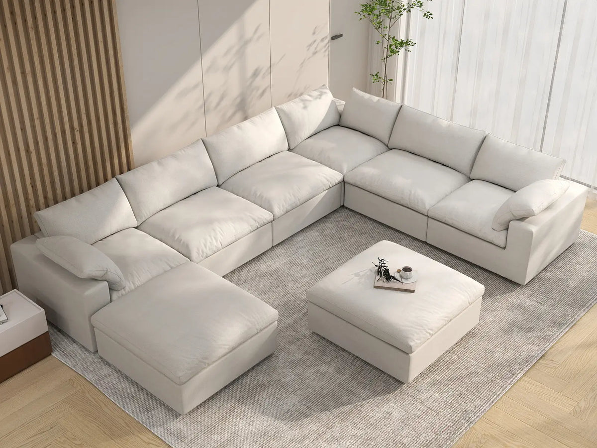 Deluxe Cloud 6-Seater White Storage Sofa Set | 8-Piece (includes 2 Ottomans), Cotton and Linen Fabric, Washable Covers