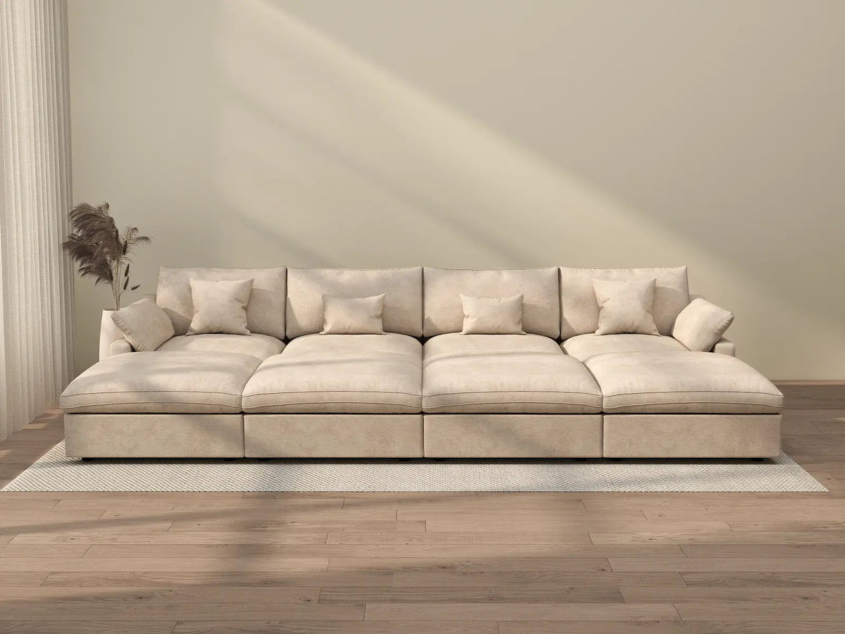 Deluxe Cloud 4-Seater Khaki Washable Pit Sectional | 8-Piece (includes 4 Ottomans), Chenille and Linen Fabric, Modular Design