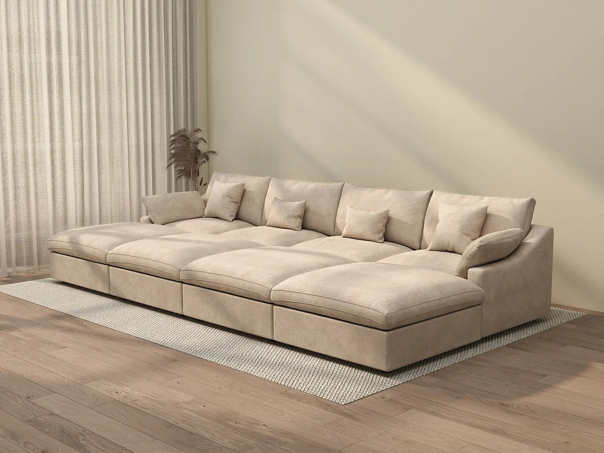 Deluxe Cloud 4-Seater Khaki Washable Pit Sectional | 8-Piece (includes 4 Ottomans), Chenille and Linen Fabric, Modular Design