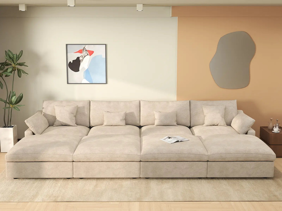 Deluxe Cloud 4-Seater Khaki Washable Pit Sectional | 8-Piece (includes 4 Ottomans), Chenille and Linen Fabric, Modular Design