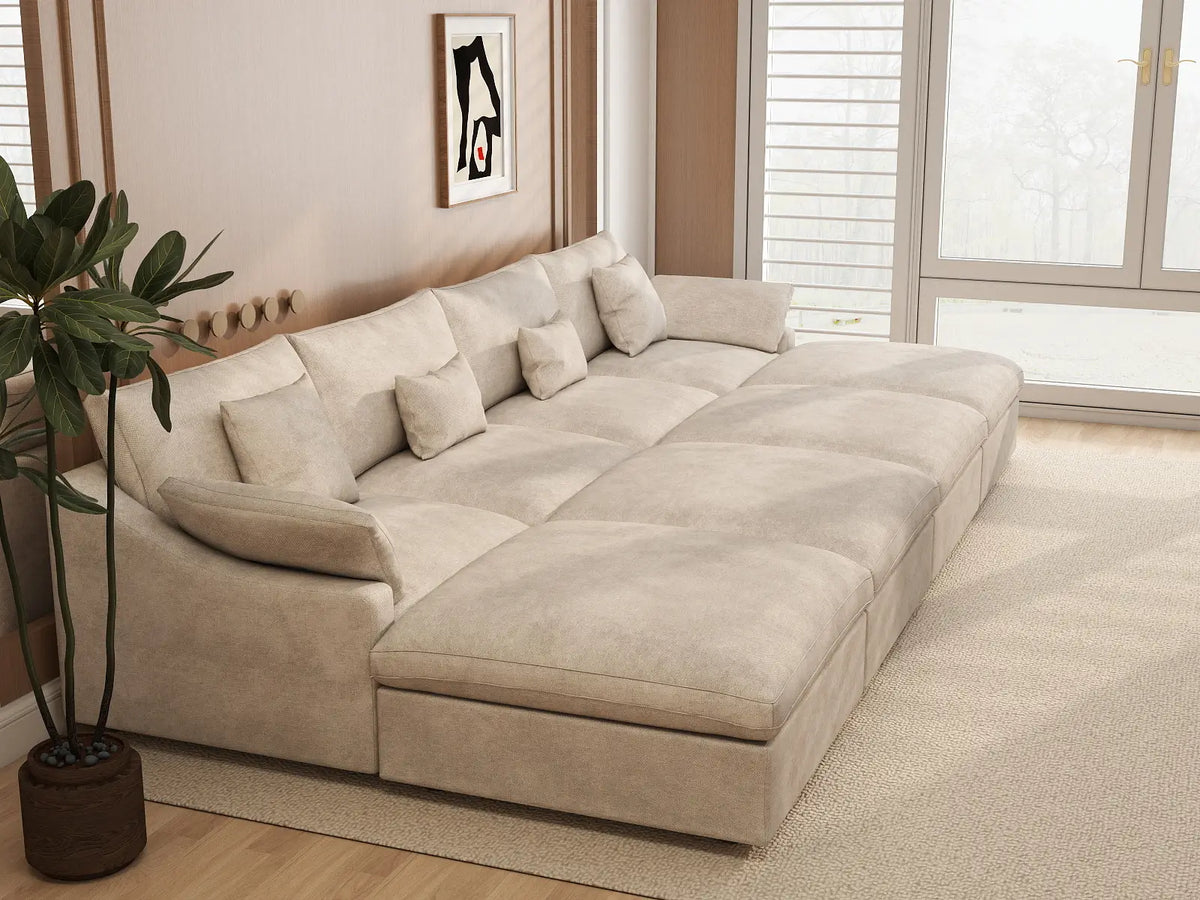 Deluxe Cloud 4-Seater Khaki Washable Pit Sectional | 8-Piece (includes 4 Ottomans), Chenille and Linen Fabric, Modular Design