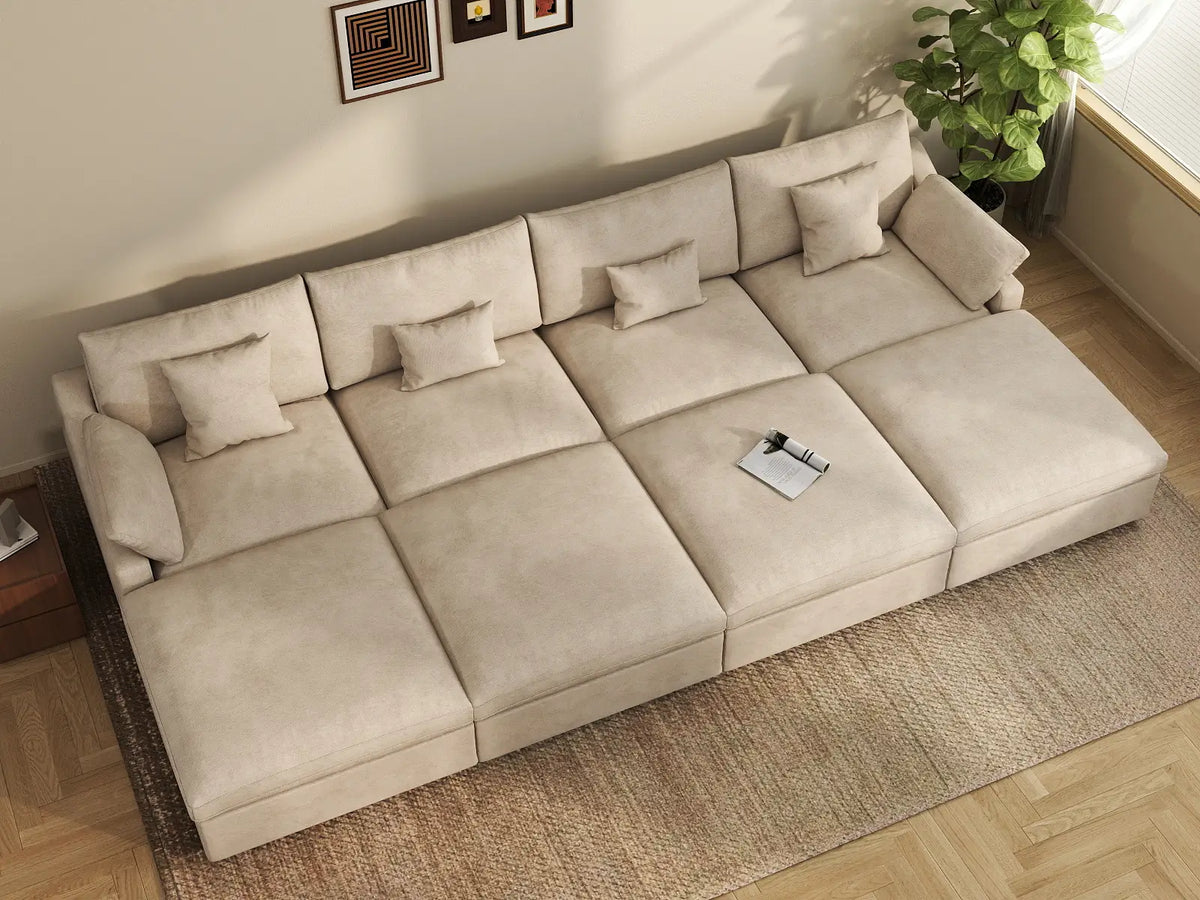 Deluxe Cloud 4-Seater Khaki Washable Pit Sectional | 8-Piece (includes 4 Ottomans), Chenille and Linen Fabric, Modular Design
