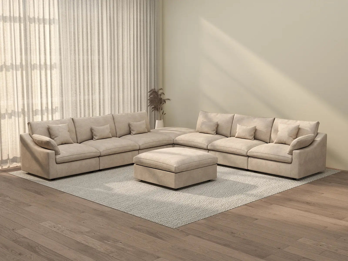 Deluxe Cloud 6-Seater Khaki Washable Sofa Set | 8-Piece (includes 2 Ottomans), Chenille and Linen Fabric, Modular Design