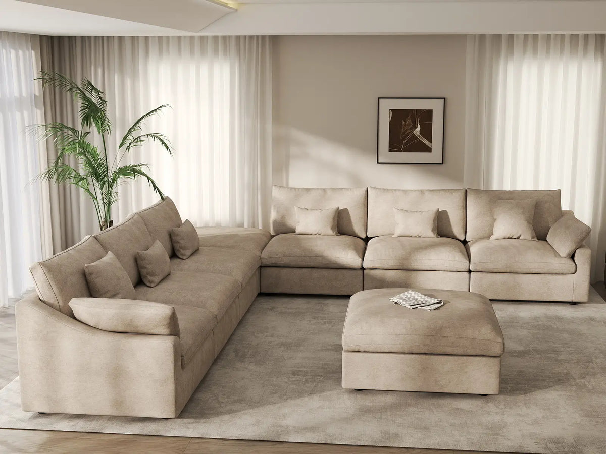 Deluxe Cloud 6-Seater Khaki Washable Sofa Set | 8-Piece (includes 2 Ottomans), Chenille and Linen Fabric, Modular Design