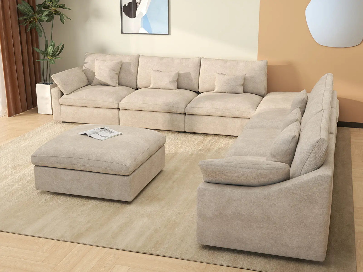 Deluxe Cloud 6-Seater Khaki Washable Sofa Set | 8-Piece (includes 2 Ottomans), Chenille and Linen Fabric, Modular Design
