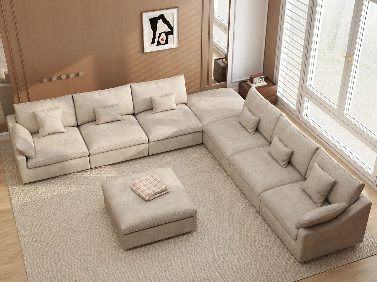 Deluxe Cloud 6-Seater Khaki Washable Sofa Set | 8-Piece (includes 2 Ottomans), Chenille and Linen Fabric, Modular Design