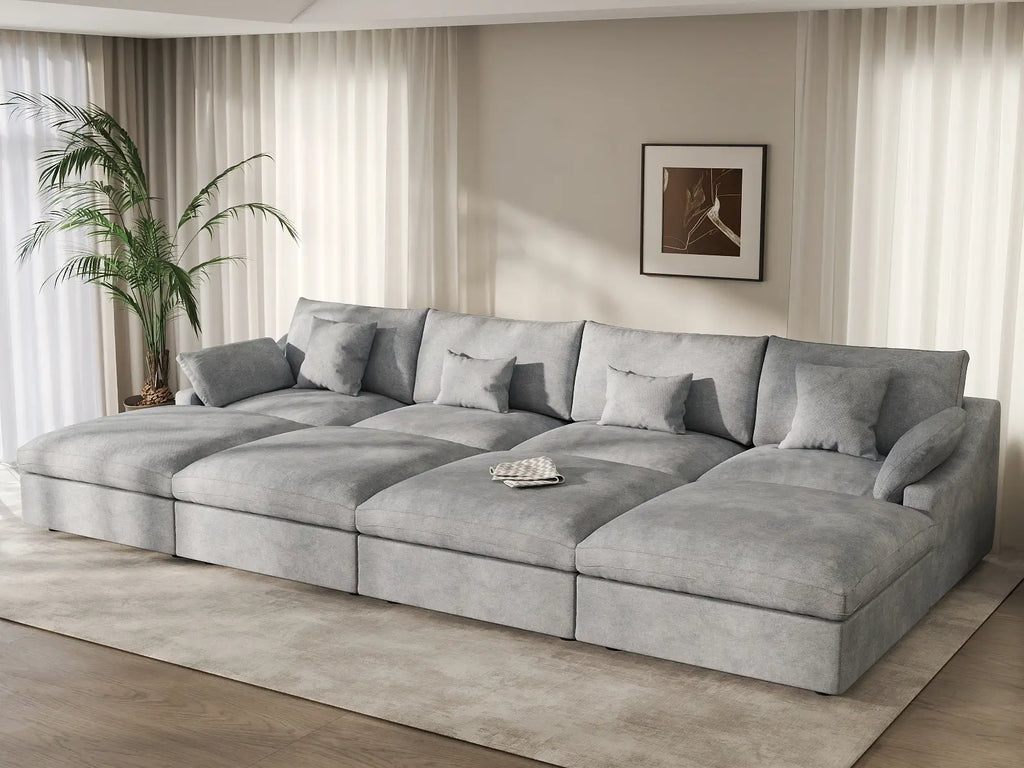 Deluxe Cloud 4-Seater Light-Grey Washable Pit Sectional | 8-Piece (includes 4 Ottomans), Chenille and Linen Fabric, Modular Design