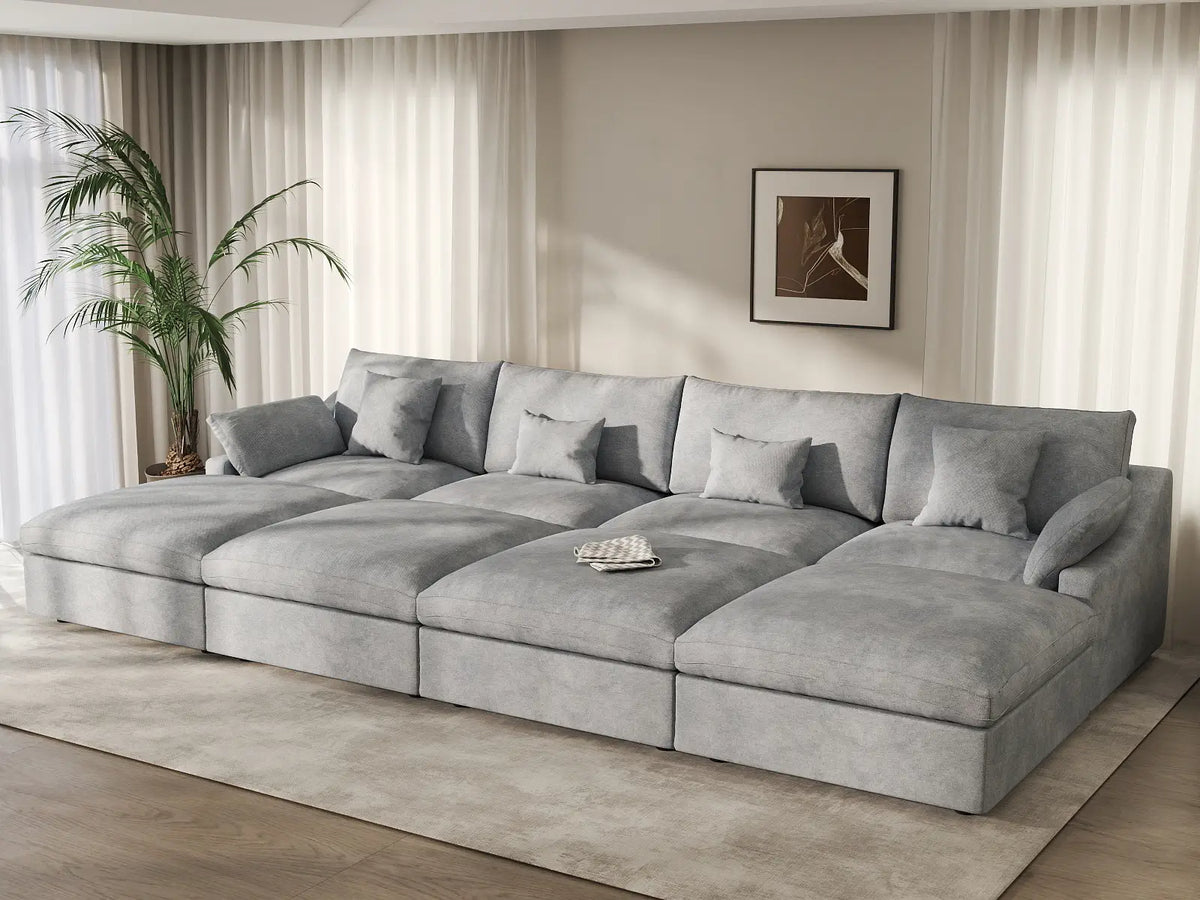 Deluxe Cloud 4-Seater Light-Grey Washable Pit Sectional | 8-Piece (includes 4 Ottomans), Chenille and Linen Fabric, Modular Design