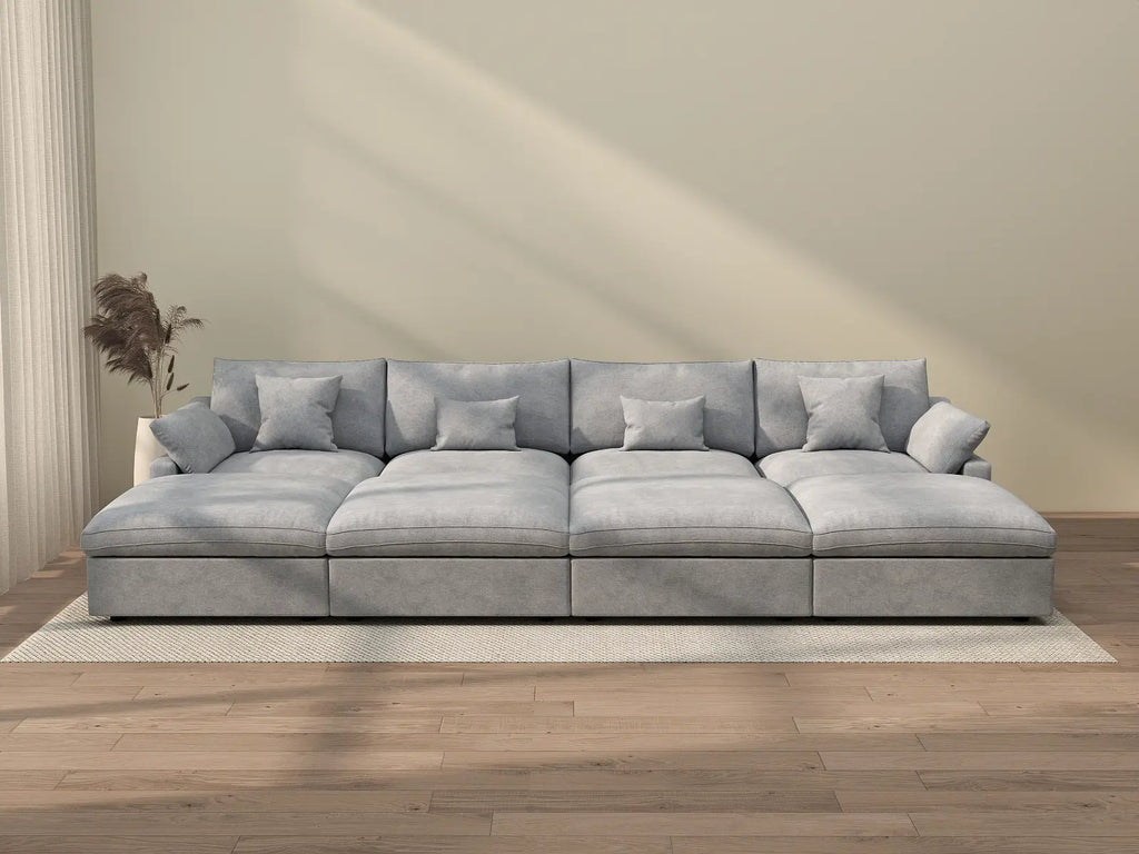Deluxe Cloud 4-Seater Light-Grey Washable Pit Sectional | 8-Piece (includes 4 Ottomans), Chenille and Linen Fabric, Modular Design