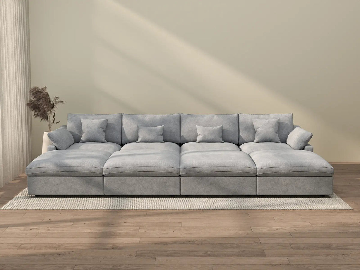 Deluxe Cloud 4-Seater Light-Grey Washable Pit Sectional | 8-Piece (includes 4 Ottomans), Chenille and Linen Fabric, Modular Design