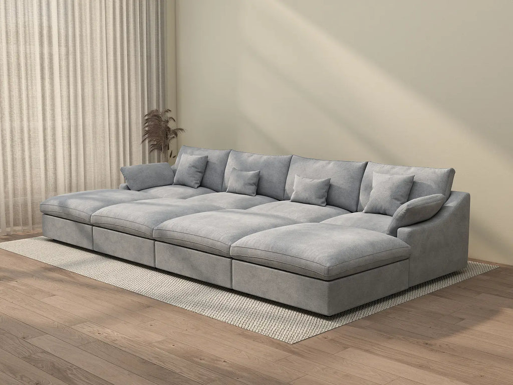 Deluxe Cloud 4-Seater Light-Grey Washable Pit Sectional | 8-Piece (includes 4 Ottomans), Chenille and Linen Fabric, Modular Design
