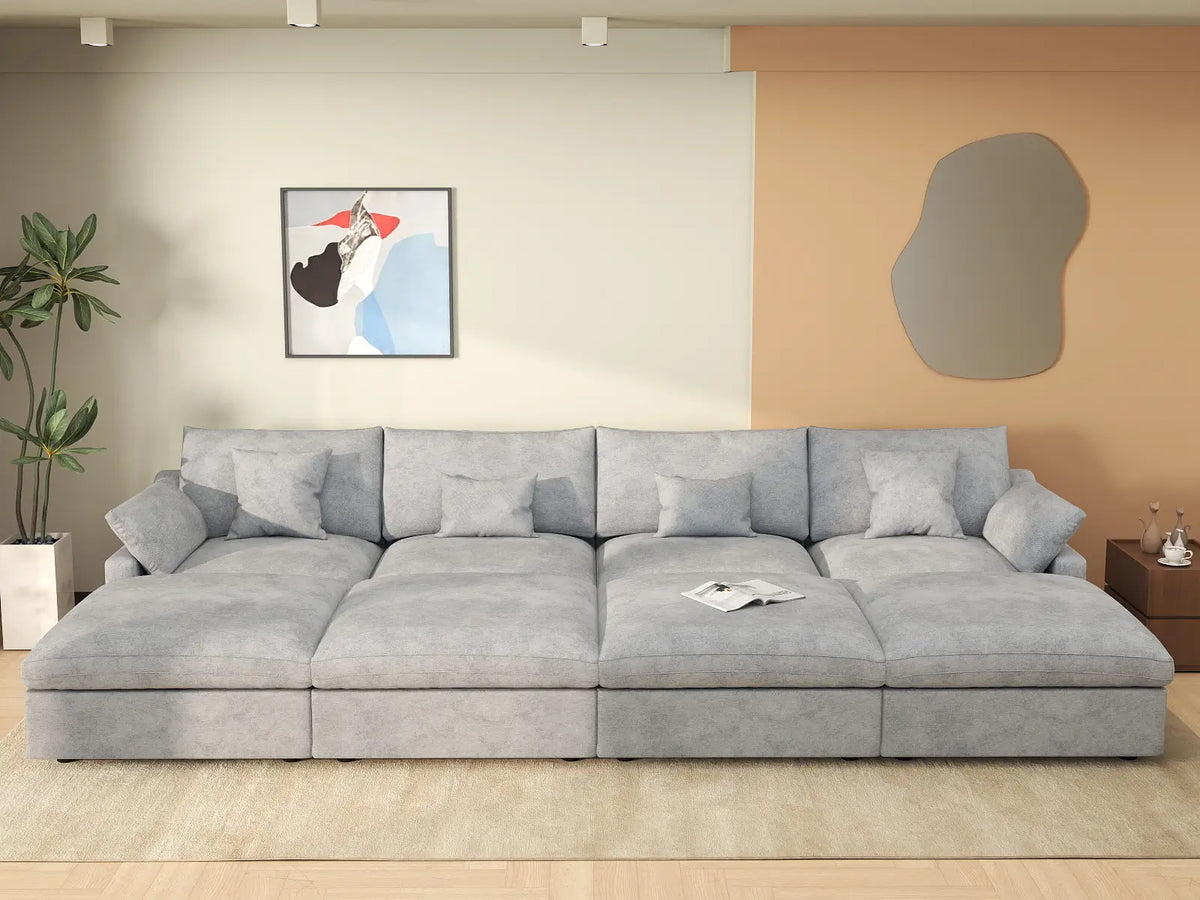 Deluxe Cloud 4-Seater Light-Grey Washable Pit Sectional | 8-Piece (includes 4 Ottomans), Chenille and Linen Fabric, Modular Design