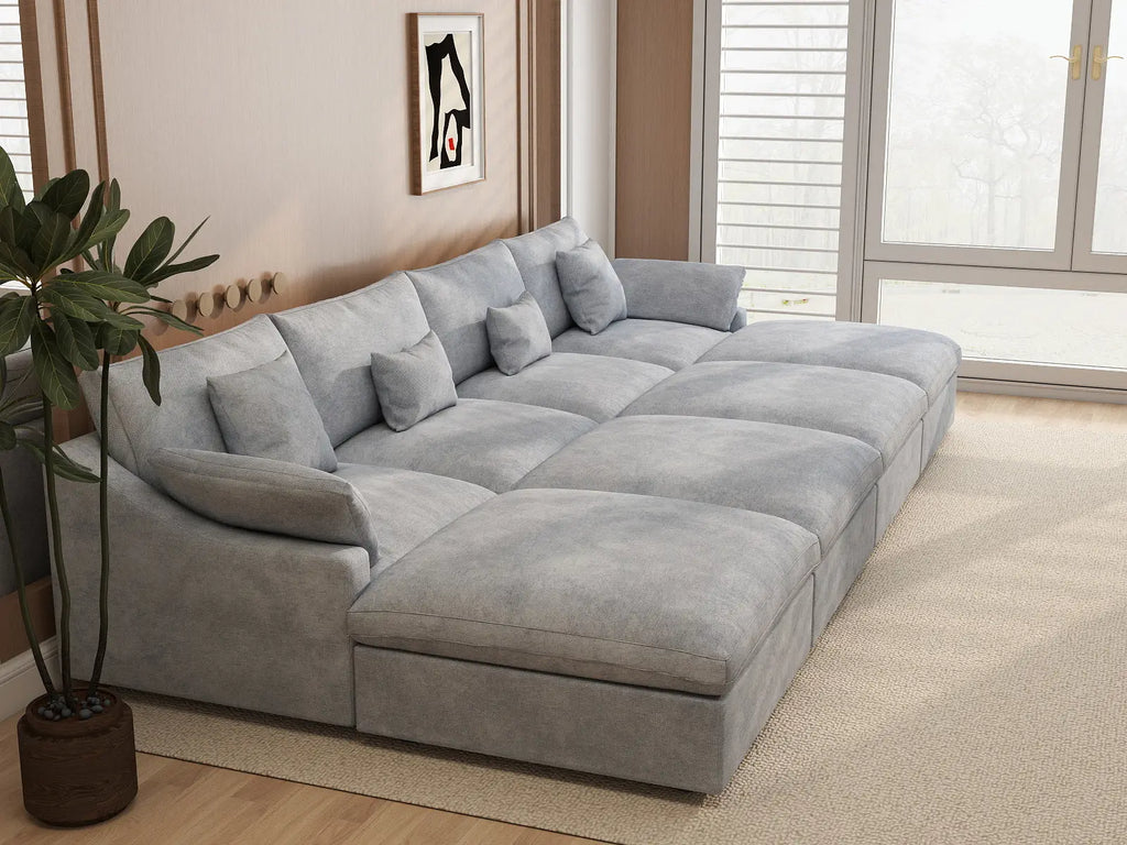 Deluxe Cloud 4-Seater Light-Grey Washable Pit Sectional | 8-Piece (includes 4 Ottomans), Chenille and Linen Fabric, Modular Design