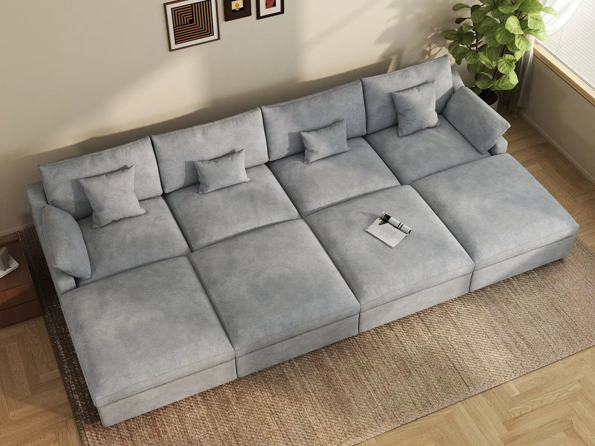 Deluxe Cloud 4-Seater Light-Grey Washable Pit Sectional | 8-Piece (includes 4 Ottomans), Chenille and Linen Fabric, Modular Design