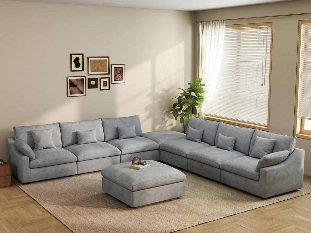 Deluxe Cloud 6-Seater Light-Grey Washable Sofa Set | 8-Piece (includes 2 Ottomans), Chenille and Linen Fabric, Modular Design