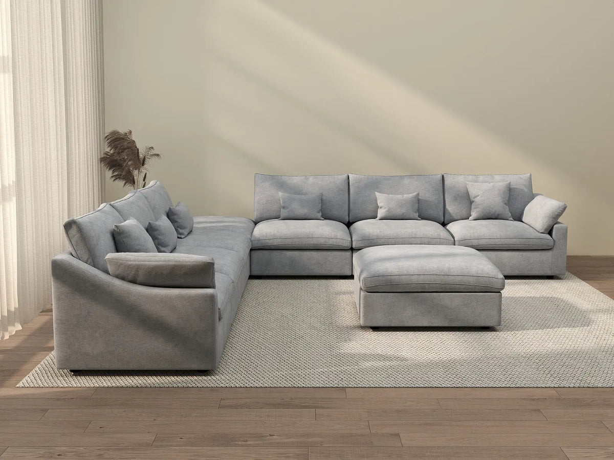 Deluxe Cloud 6-Seater Light-Grey Washable Sofa Set | 8-Piece (includes 2 Ottomans), Chenille and Linen Fabric, Modular Design