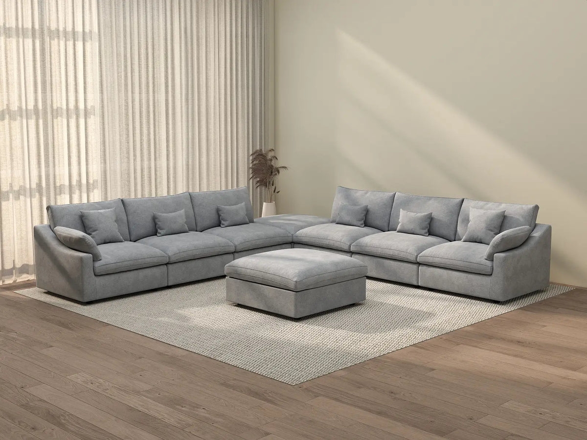 Deluxe Cloud 6-Seater Light-Grey Washable Sofa Set | 8-Piece (includes 2 Ottomans), Chenille and Linen Fabric, Modular Design
