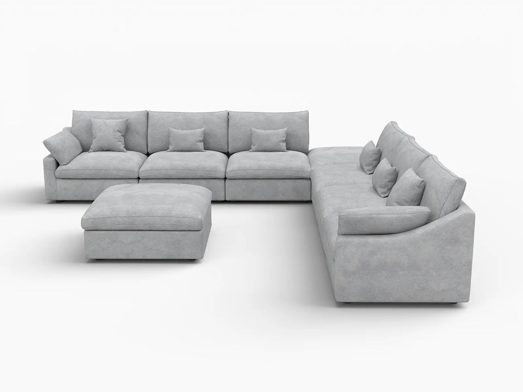 Deluxe Cloud 6-Seater Light-Grey Washable Sofa Set | 8-Piece (includes 2 Ottomans), Chenille and Linen Fabric, Modular Design