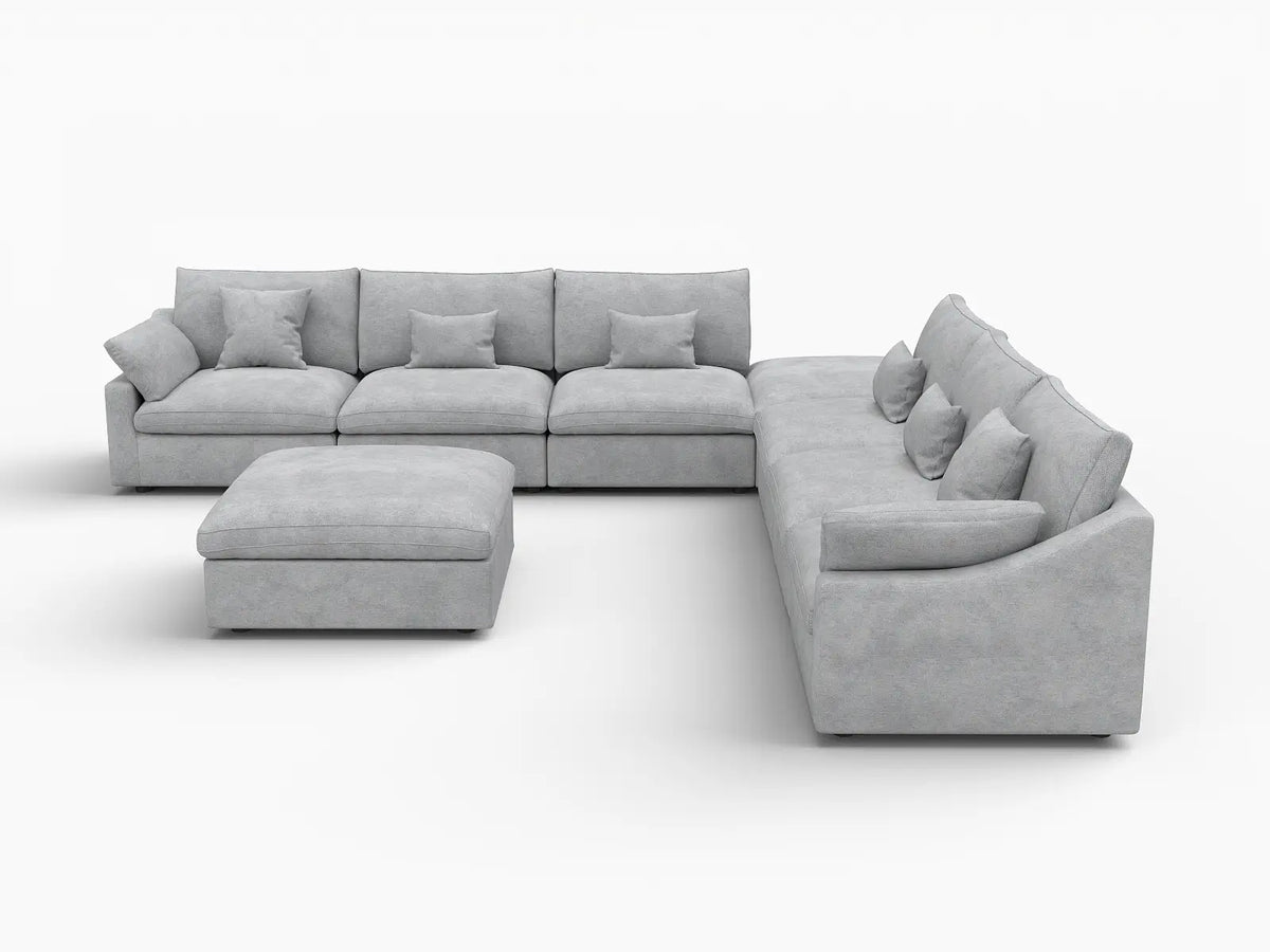 Deluxe Cloud 6-Seater Light-Grey Washable Sofa Set | 8-Piece (includes 2 Ottomans), Chenille and Linen Fabric, Modular Design