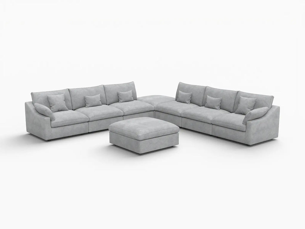 Deluxe Cloud 6-Seater Light-Grey Washable Sofa Set | 8-Piece (includes 2 Ottomans), Chenille and Linen Fabric, Modular Design