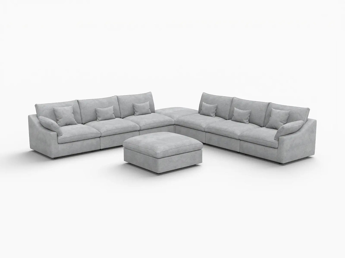 Deluxe Cloud 6-Seater Light-Grey Washable Sofa Set | 8-Piece (includes 2 Ottomans), Chenille and Linen Fabric, Modular Design