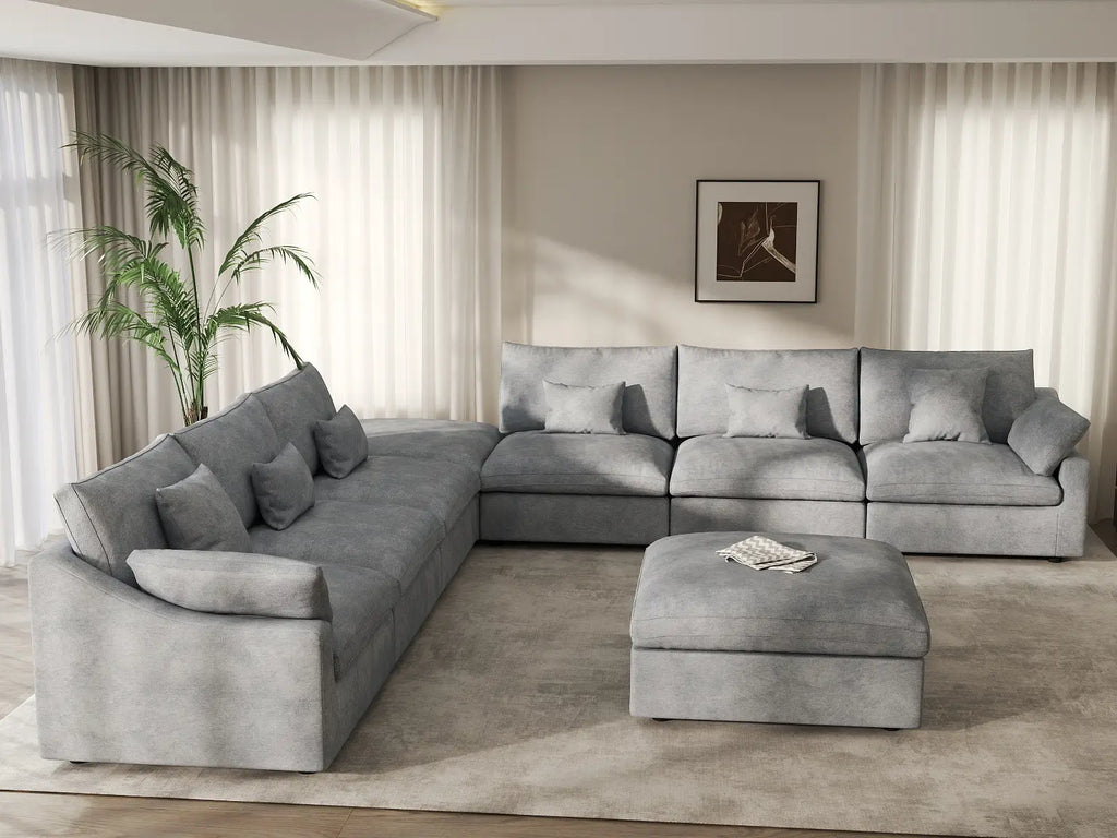 Deluxe Cloud 6-Seater Light-Grey Washable Sofa Set | 8-Piece (includes 2 Ottomans), Chenille and Linen Fabric, Modular Design